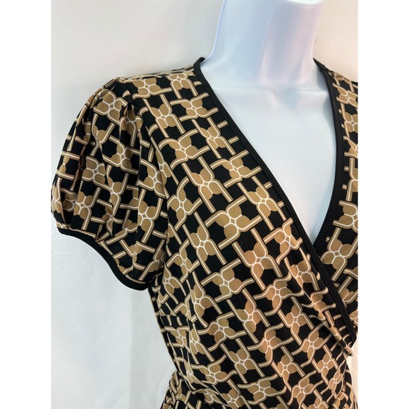 Women's Geometric‎ Wrap Midi Dress Short Puff Sleeves S Secretary 50's Church - Picture 4 of 13